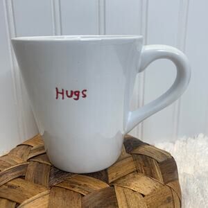 Hugs White Coffee Cup Mug w Red Words Embossed 4" x "" tapered